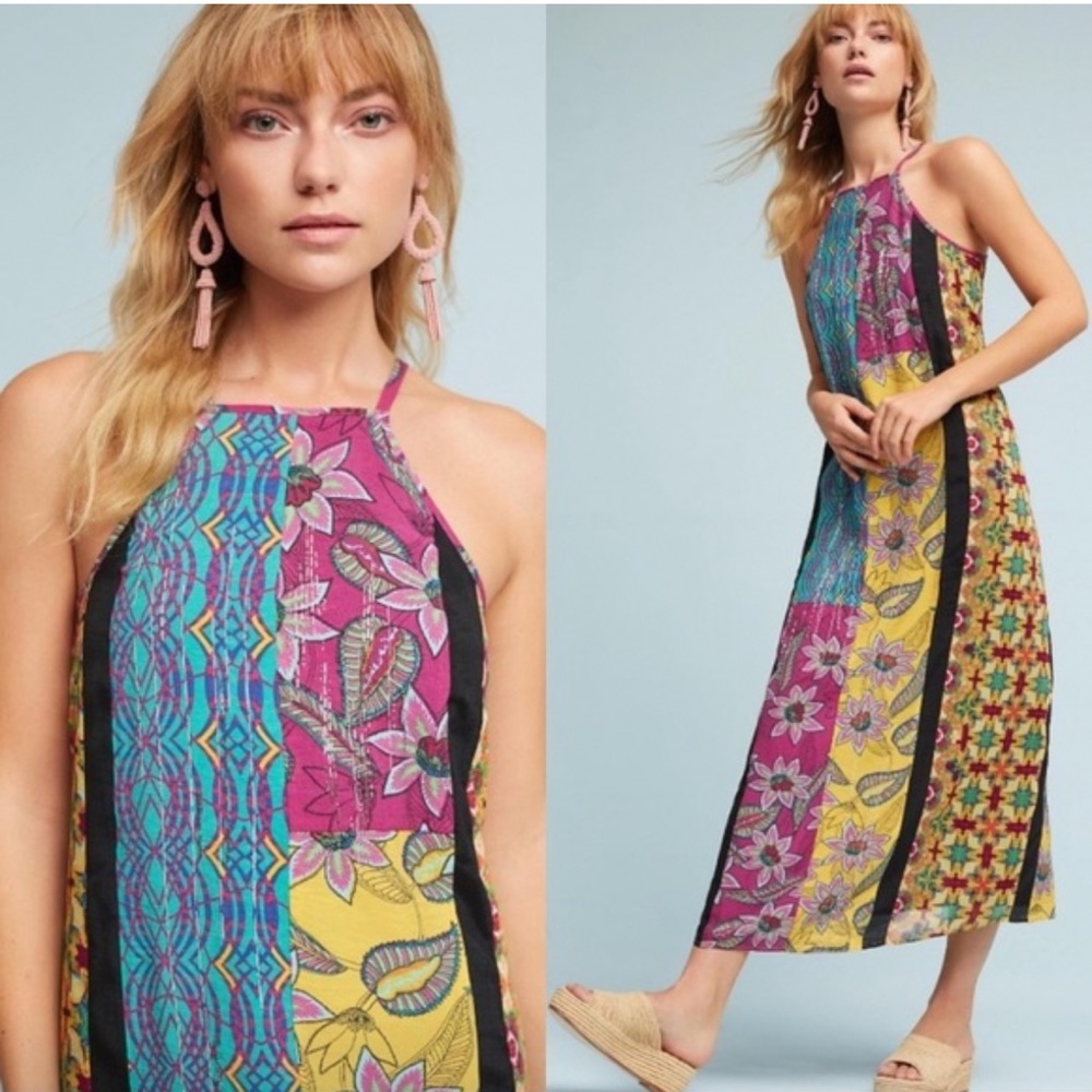 Anthropologie Yellow Pink Halter Sundress Maxi